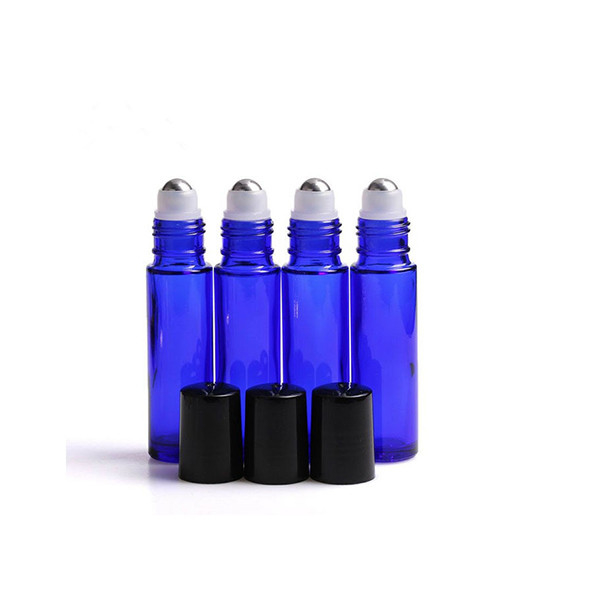 Blue Glass Roller Ball Bottles With Stainless Steel Roller & Black Cap For Essential Oils